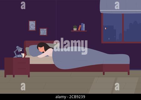 Junge nette Frau schlafen in ihrem Bett. Cartoon Mädchen Zimmer Schlafzimmer in der Nacht. Komfortable Innenausstattung mit Bett, Lampe, Bücher, flache Vektorgrafik Stock Vektor