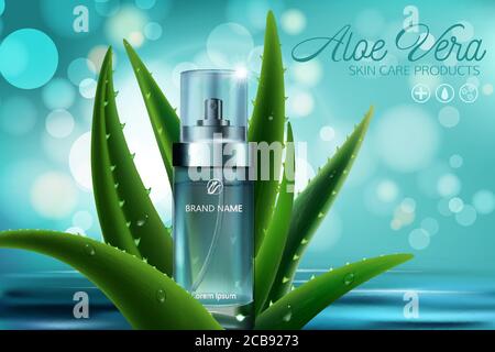 Aloe Vera Haut Serum Kosmetik Werbung Banner Vektor Vorlage. Bio Feuchtigkeitscreme, natürliche Schönheit Produkt Container realistische Illustration auf blauem Hintergrund. Kosmetisches Produktkonzept Stock Vektor