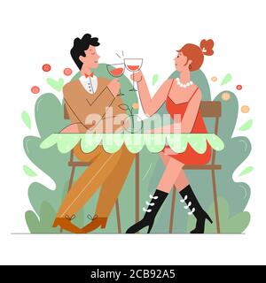 Liebevolles Paar in Restaurant Szene flache Linie Charakter Vektor Illustration. Junger Mann und Frau bei romantischen Dating mit Weingläsern in Café Dekoration. Beziehung humoristische Konzept Stock Vektor