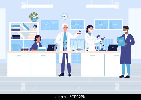 Gruppe Wissenschaftler in medizinischen oder chemischen Labor flache Vektor-Illustration. Männer, Frauen in Schutzhandschuhen, Masken, Laborkittel mit Kolben, Reagenzgläser, die Forschungstests durchführen. Arzneimittelentwicklung, wissenschaftliches Experiment. Stock Vektor