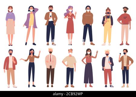 Vector Menschen in Freizeitkleidung tragen Gesichtsmasken, um Krankheiten zu verhindern. Mann Frau medizinischer Gesichtsmaskenschutz vor Coronavirus-Pandämie 2019-nCoV, COVID-19. Stock Vektor