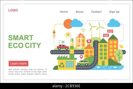 Smart Eco City, hocheffiziente moderne Technologie flache Vektor Illustration Web Landing Page. Reine Energie, Windgenerator, Solarbatterie, Elektroauto, kostenloses WiFi, klaren Fluss. Futuristisches Stadtkonzept Stock Vektor