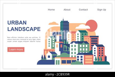 Stadtlandschaft einfache flache Vektor-Illustration Web Landing Page mit Menü und Textfeld. Blick auf das Stadtbild mit Skyscrapre, mehrstöckigen Gebäuden, Kirche, Bäumen, Himmel mit roter Sonne und Wolken Stock Vektor