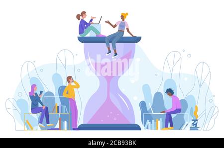 Zeitmanagement und Deadline, Teamwork Charakter Konzept große Sanduhr mit Menschen flach Vektor Illustration. Projekt, Geschäftsplanung, Prozessorganisation für Business Training effektive Arbeit Stock Vektor