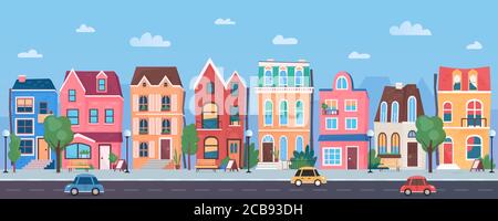 Alte europäische Stadt Cartoon Vektor Illustration Panorama. Horizontale traditionelle Stadtbild von Straße und Autos, Straße in sonnigen Tag. Hintergrund mit blauem Himmel, Wolken, Bäumen, lustigen dreistöckigen Gebäuden Stock Vektor