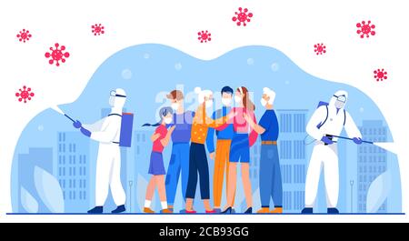 Desinfektion als wirksame Möglichkeiten zum Schutz vor covid Zeichen flach Vektor Illustration Konzept. Männer in speziellen Suiten desinfizieren Raum und schützen Menschen in medizinischen Gesichtsmasken vor Coronavirus Stock Vektor