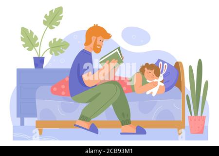 Vater mit Tochter Familie Zeit Vektor Illustration. Cartoon Papa Charakter Lesung Schlafenszeit Märchen Geschichte Buch zu kleinen Mädchen im Bett für guten Schlaf. Flat glücklich Familie Vaterschaft Konzept Stock Vektor