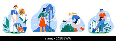 Menschen arbeiten in Garten Vektor Illustration. Cartoon Landwirt Mann oder Frau Charakter Ernte, Arbeiter Gärtner arbeiten in Bio-Bauernhof, flache Gartenarbeit Hobby Aktivität Icon-Set isoliert auf weiß Stock Vektor