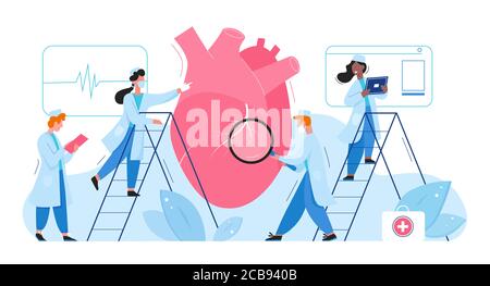 Ärzte im Labor erforscht Herzorgan Gesundheit medizinisches Konzept flache Vektor Illustration. Kardiologen Männer Frauen überprüfen Kardiogramm, bestimmen Diagnose Krankheit Behandlung. Pharmaforschung. Stock Vektor