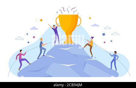 Geschäftsleute Figuren klettern nach oben Peak Award Cup Poster Banner Website Vektor Illustration. Führung und Teamarbeit, Teamleiter bereits an der Spitze, motivieren zum Erfolg, Auszeichnung Trophäe, wettbewerbsfähig. Stock Vektor