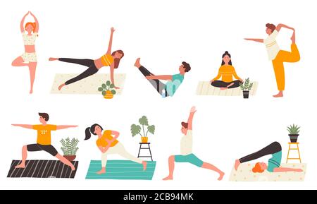 Junge Menschen in Yoga-Posen setzen flache Vektor-Illustration isoliert auf weißem Hintergrund. Yogi Mann und Frau Training zu Hause tun wichtigsten Yoga-Übungen. Personal Trainer, Trainingskurs, gesunder Lebensstil. Stock Vektor