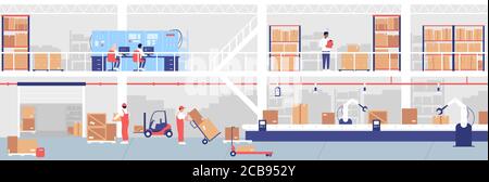 Vektorgrafik für Lagerlieferungsprozess. Karikatur Arbeiter oder Ingenieur Menschen, die mit der Verladung Fracht-Ausrüstung und Förderlinie in Lagerhaus Innenraum, Überwachung Lagerprozess Stock Vektor