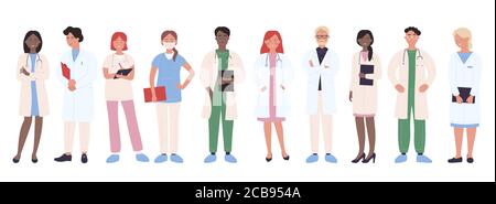 Vektordarstellung „Arzt“. Cartoon Mann Frau medizinische Gruppe von Arzt Zeichen, Krankenhaus Arbeiter Team mit Krankenschwester, Arzt, Chirurg. Berufsmedizin Personal Beruf isoliert auf weiß Stock Vektor