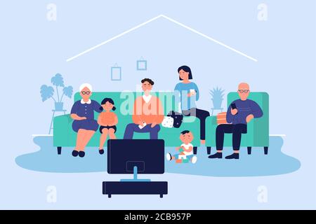 Glückliche große Familie zu Hause Vektor-Illustration. Cartoon flache Erwachsene Figuren und Kinder sitzen auf dem Sofa zusammen und Fernsehen Nachrichten oder Film im Wohnzimmer. Familie entspannen in der Abendzeit Hintergrund Stock Vektor