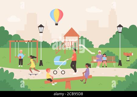 Menschen im Sommer Stadt Park Vektor Illustration. Cartoon Wohnung Familie und Kinder Figuren sitzen auf der Bank, Kinder spielen, Spaß haben zusammen. Sommerliche Outdoor-Aktivitäten im Park Hintergrund Stock Vektor