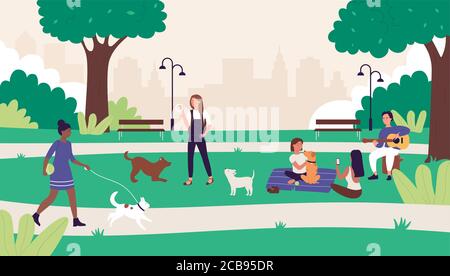 Menschen im Sommer im Freien Stadtpark Vektor Illustration. Cartoon glücklich flache Frau Mann Freunde haben Spaß auf Picknick, aktiven Charakter zu Fuß oder spielen mit Haustier Hund, Sommer Freizeit Wochenende Hintergrund Stock Vektor