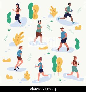 Personen laufen im Park Vektor-Illustrationsset. Cartoon flache Mann Frau Läufer Zeichen Jogging Marathon in Stadtpark oder Straße, Jogger Athlet im Freien gesunde sportliche Aktivität auf weiß isoliert Stock Vektor