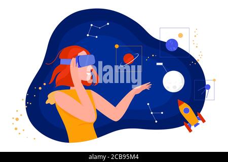 Menschen in der virtuellen Realität Vektor Illustration. Cartoon flache Frau Charakter in vr Brille Headset Blick auf Traum Universum Raum mit Planet, Stern, Raumschiff. Phantasie, Augmented Reality Konzept Stock Vektor