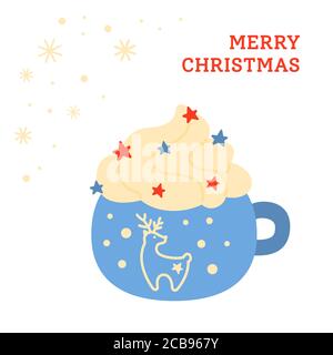 Weihnachten Tasse flach heißen Getränk. Gruß Frohe Weihnachtskarte. Cartoon-Getränk. Urlaub niedlichen Becher heißen Kakao, Kaffee und Sahne. Neujahr Getränk dekoriert Hirsch und Süßigkeiten. Isolierte Vektordarstellung Stock Vektor