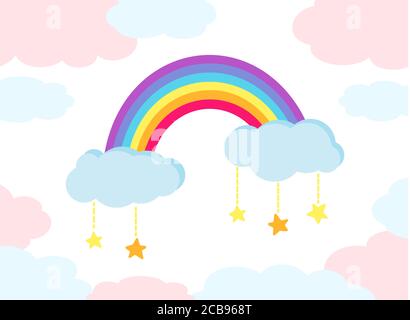 Regenbogen mit Sternen flach farbigen Cartoon-Stil, mit abstrakten Wolken. Cute helle Natur Wetter, handgezeichnete Elemente für Kinder. Für Druck, Karte, Stoff oder Buch. Isolierte Vektordarstellung Stock Vektor