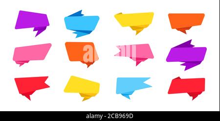 Banner für Text flach Design-Set. Tags Label leere Sammlung, dekorative Symbole. Origami Web-Aufkleber, Design, bunte Zeichen Cartoon-Stil. Buntes Web Icon Kit. Isolierte Vektordarstellung Stock Vektor