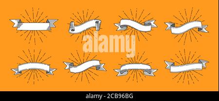 Band alten Vintage-Set. Leere Band Banner Zeichnung, Lichtstrahlen, Sonnenstrahlen Hintergrund. Grunge Banner oder Einladungen.Retro Design Elemente. Web-Icon-Kit mit Text-Bannerbändern. Isolierte Vektordarstellung Stock Vektor