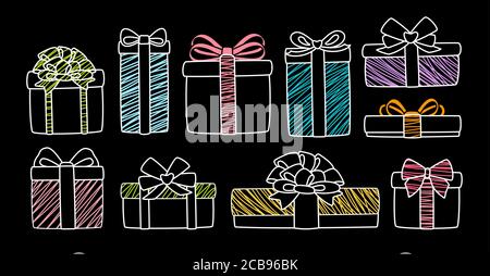 Geschenk-Box flache Kreide Grafik-Set. Farbenfrohes modernes Geschenk. Cartoon-Boxen verschiedene Formen, Band Bögen. Geschenke Paket Sammlung, Geburtstag, Jubiläum, Feier Partei. Vektorgrafik Stock Vektor