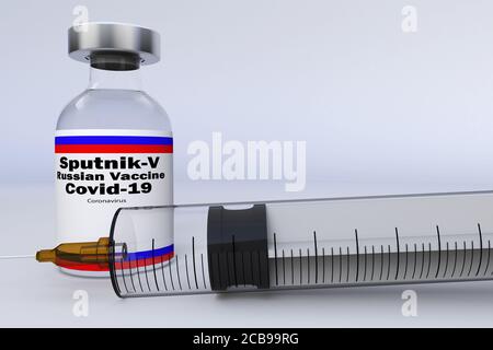 3D Illustration mit einer Spritze und einer Behälterflasche mit russischem Impfstoff SPUTNIK-V zur Behandlung der Coronavirus-Krankheit 2019 COVID-19. Stockfoto