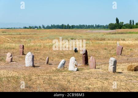 Tokmok, Kirgisistan - Kurganstelen in den Ruinen von Balasagun in Tokmok, Kirgisistan. Balasagun ist Teil des Weltkulturerbes Seidenstraßen. Stockfoto