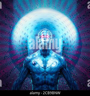 Raum Zeit Singularität Cyborg / 3D-Illustration von humanoiden Roboter Im Inneren glühenden digitalen Portal zum Universum Stockfoto