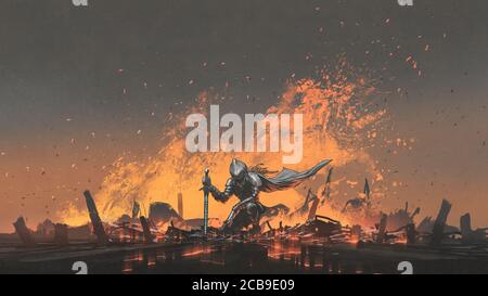 ritter mit dem magischen Schwert auf dem Feuer sitzen, digitale Kunst Stil, Illustration Malerei Stockfoto