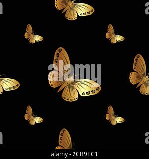 Nahtloses Muster von fliegenden Schmetterlingen in verschiedenen Farben. Vektor-Illustration im Vintage-Stil auf schwarzem Hintergrund. Stock Vektor