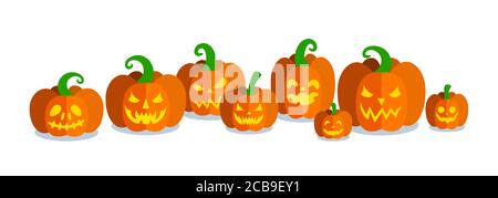 Horizontales Banner mit Halloween Kürbissen mit geschnitzten Gesichtern. Flache Vektor-Illustration für Halloween-Party. Stock Vektor