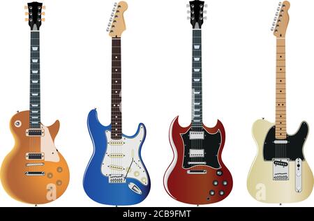 Set von vier E-Gitarren auf weißem Hintergrund Stock Vektor
