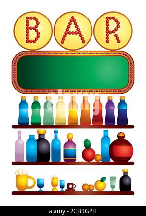 Theke mit Alkoholflaschen. Trinkeinrichtung. Alkoholische Getränke Flaschen Große Vektor-Set Stock Vektor