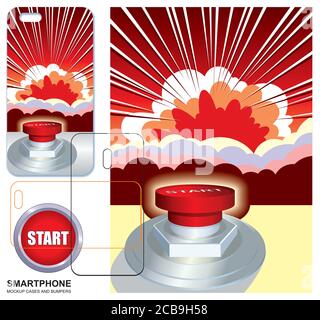 Design der Handyhülle. Comic Pop Art Flash Hintergrund. Cartoon Vektor Illustration eines leistungsstarken BLITZ. Handyabdeckung auf der Rückseite. Stock Vektor