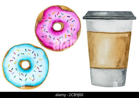 Tasse duftenden Morgenkaffee, in Aquarell gemalt. Stockfoto