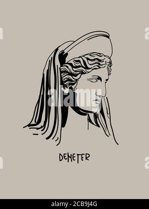 Griechische Göttin Demeter Vektor Kunst Porträt. Minimalistische Schattenzeichnung auf Beige Stock Vektor