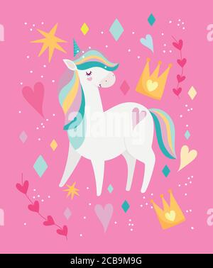 Liebenswert Einhorn Magie Fantasie Kronen Herzen Sterne Cartoon rosa Hintergrund vektorgrafik Stock Vektor