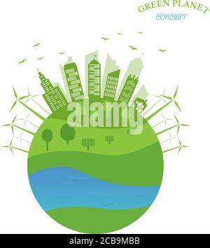 Green Planet Konzept und Umweltschutz. Erneuerbare Energie mit Windgeneratoren und Sonnenkollektoren. Vektorgrafik. Stock Vektor