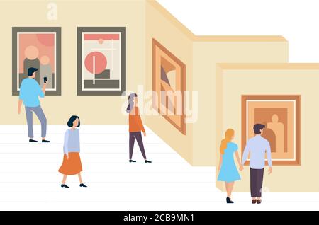 Besucher der Ausstellung Menschen zu Fuß und sehen moderne abstrakte Gemälde in der zeitgenössischen Kunstgalerie Museum minimalistischen Vektor Illustration. Stock Vektor