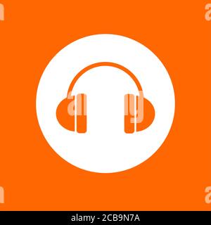 Symbol für Kopfhörer. In weißem Kreis auf orangefarbenem Hintergrund. Stock Vektor