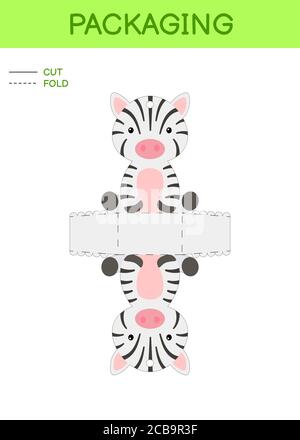 DIY Party Favour box die cut Schablone Design für Geburtstage, Baby-Duschen mit niedlichen Zebra für Süßigkeiten, Süßigkeiten, kleine Geschenke. Druckbares Farbschema. Stock Vektor