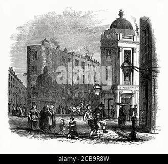 Eine alte Gravur von Leuten aus und über bei Seven Dials, Camden, London, England, Großbritannien während der viktorianischen Ära. Seven Dials ist eine Kreuzung (und Gebiet). Sieben Straßen laufen an einer kreisförmigen Kreuzung zusammen, in deren Mitte eine Säule mit sechs Sonnenuhren steht. Thomas Neale entwarf seinen Plan in den 1690er Jahren. Er hoffte, dass Seven Dials bei wohlhabenden Bewohnern beliebt sein würde, aber das Gebiet verschlechterte sich allmählich. Im 19. Jahrhundert gehörte Seven Dials zu den schlimmsten Slums in London. Heute sind jedoch Gebäude restauriert worden und Seven Dials ist ein wohlhabendes Viertel. Stockfoto