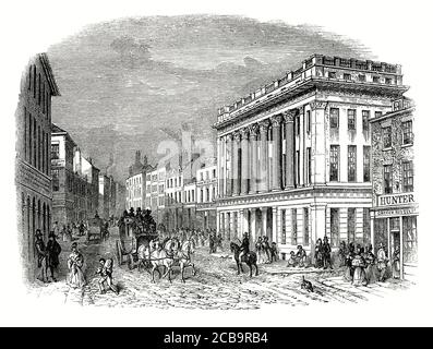 Eine alte Gravur einer belebten Straßenszene auf Pilgrim Street und der Royal Arcade (Mitte rechts) auf Pilgrim Street, Newcastle upon Tyne (allgemein bekannt als Newcastle), Tyne and Wear, England, Großbritannien während der viktorianischen Zeit. Es wurde von John Dobson entworfen und 1832 von Richard Grainger fertiggestellt. Ursprünglich war es als Maisbörse geplant, dann aber für den Einsatz als Handels- und Einkaufszentrum umgestellt. Sie wurde 1963 abgerissen, um Platz für die Zentralautobahn und das Schwanenhaus zu machen. Stockfoto