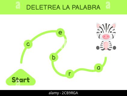 Deletrea la palabra - Spell the Word. Labyrinth für Kinder. Rechtschreibwortschablone. Lernen Sie Wort Zebra zu lesen. Aktivitätsseite für Spanisch lernen Stock Vektor