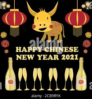 Vector Happy Chinese New Year of the Ox-Karte oder Etikett. Kann auch als Hintergrund für Wiederholungsmuster verwendet werden. Niedlicher kawaii-Stier, Textgrüße, Champagner Stock Vektor
