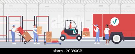 Verladung von Waren im Lager Vektordarstellung. Cartoon Wohnung Arbeiter Menschen warten in der Schlange, um Stapel von Boxen, Pakete oder Container in LKW, Lagerung Beladung Service, Lagerhaus Hintergrund laden Stock Vektor