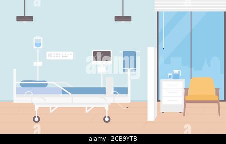 Vektorgrafik Innenraum des Krankenhauses. Cartoon leere Station für Patienten Krankenhausaufenthalt mit modernen medizinischen Geräten, Ärzte untersuchen Monitor, Bett und Stuhl. Gesundheitsmedizin Hintergrund Stock Vektor