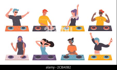 DJ Menschen auf musikalische Party Vektor Illustration Set. Cartoon flache Mann Frau DJ-Charaktere mit Kopfhörern und Plattenspieler Mixer machen zeitgenössische Musik in Nachtclub, Spinning Disc isoliert auf weiß Stock Vektor